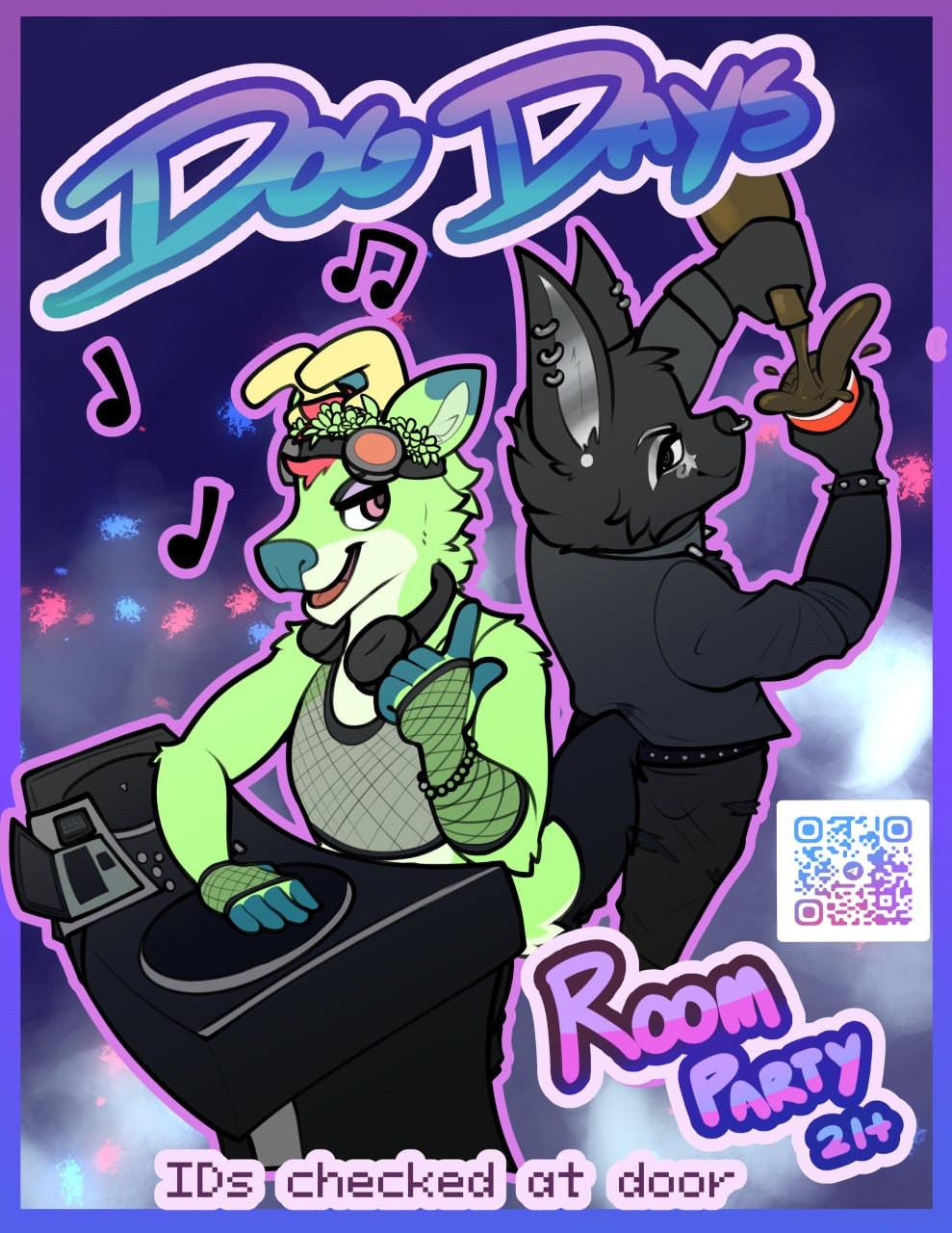 Illustrated poster for a furry room party. The artwork features two anthropomorphic characters: a green dog with headphones and DJ equipment, and a black dog pouring a drink. Musical notes float around them, and the background is filled with colorful lights and a party atmosphere. The text reads: Dog Days, Room Party 21+